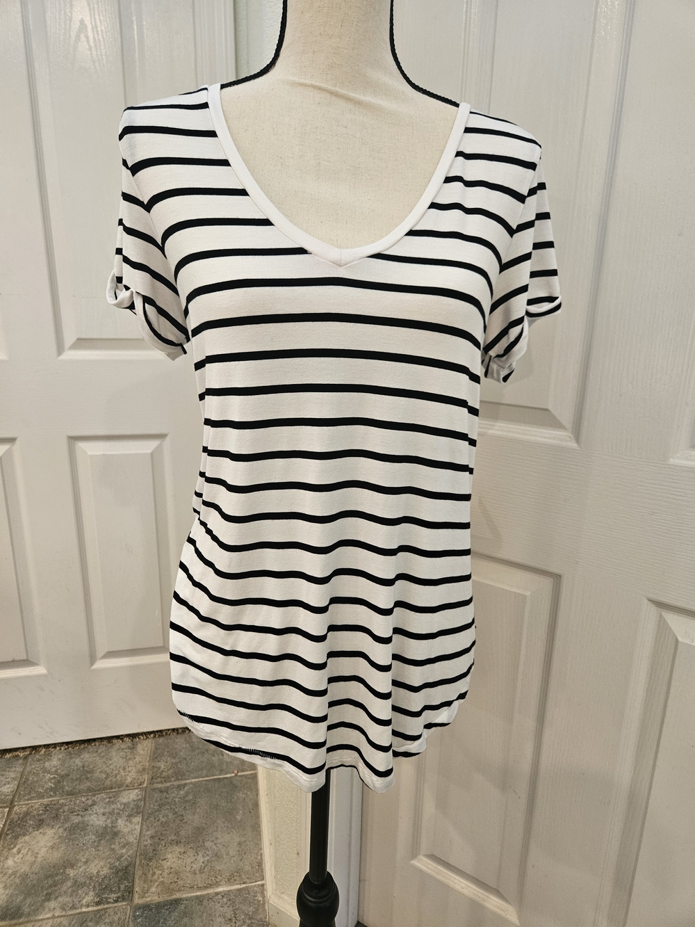 N4American Eagle Outfitters "Soft And Sexy" Black & White Striped V‑Neck Tee